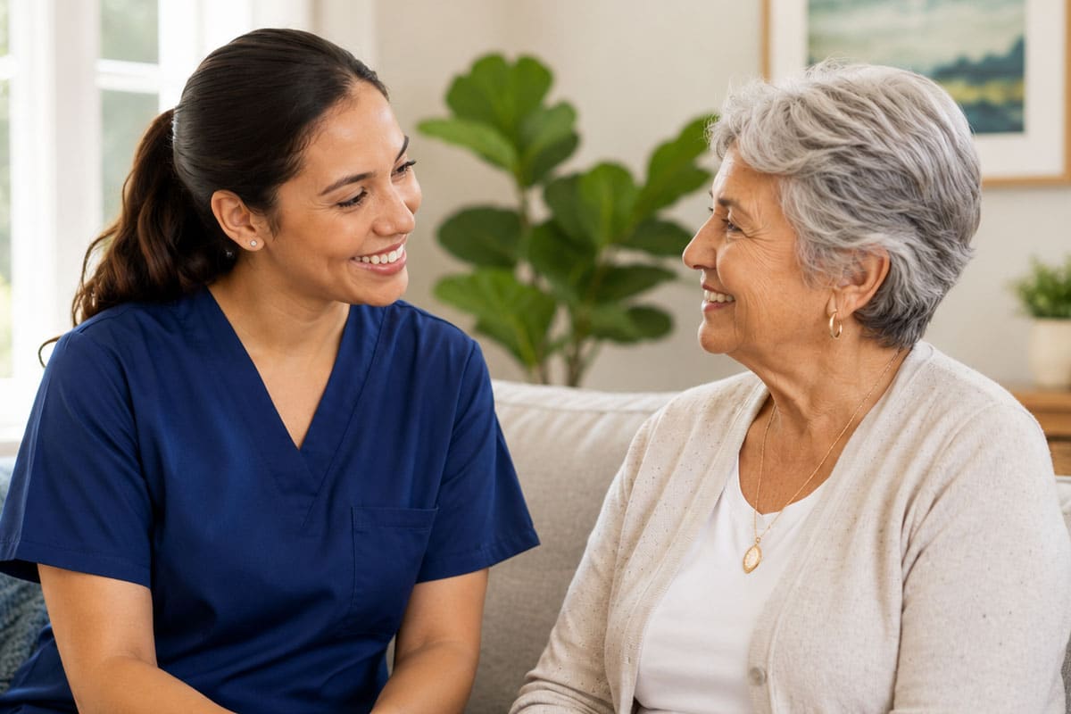 home care provider chatting with elderly patient