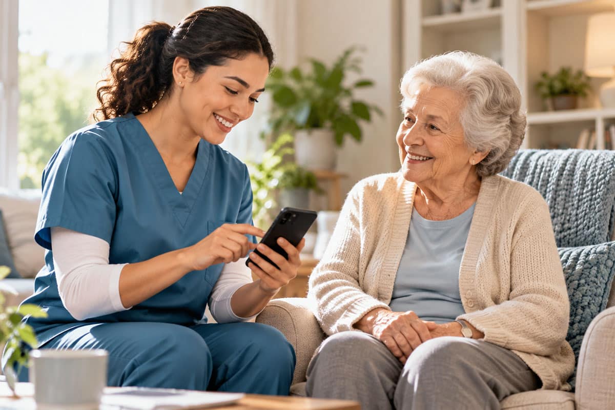 Caregiver using mobile device while providing home care